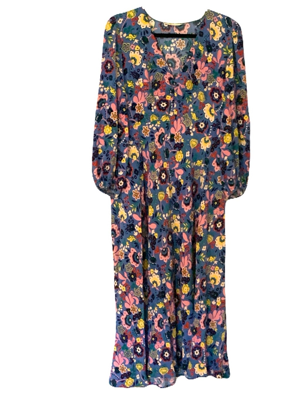 Boden XL Colorful Floral Long Sleeve V-Neck Maxi Dress Riviera Blue Tea Party